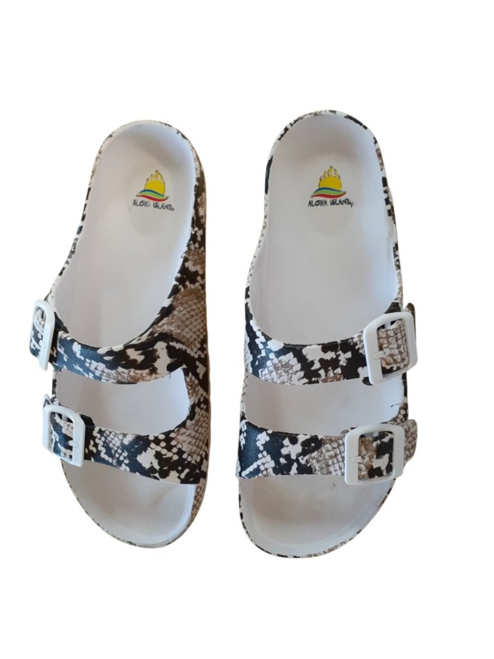 Aloha Island Womens Slide Sandals Size 9 White Snake Print Double-Buckle Strap